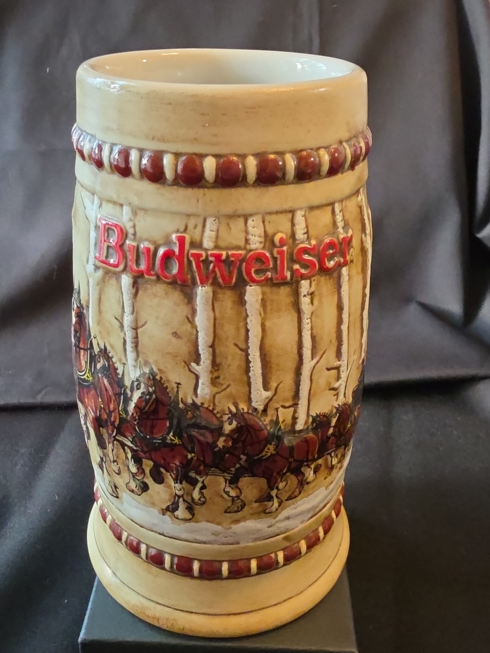 Ceramarte Budweiser Cream and Red Ceramic Holiday Stein with Horse Team Motif